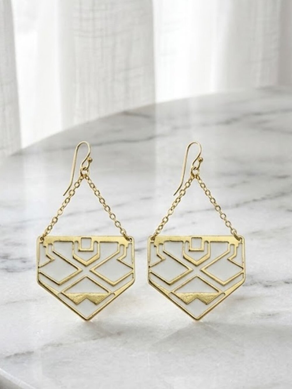 White Gold Aztec Dangle Earrings